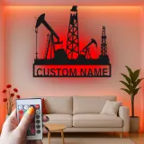 Oil Rig LED Metal Wall Art | Custom Oilfield Name Sign for Office | Industrial Drilling Decor Gift for Engineer