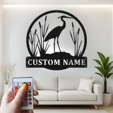 Insegna in metallo personalizzata con Airone e luci LED | Arte murale di fauna selvatica personalizzata | Decorazione per patio esterno per casa al lago | Regalo per amanti degli uccelli