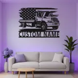 Enseigne camion de dépannage plateau personnalisée | Décoration murale LED en métal | Décor drapeau américain pour garage ou bureau | Cadeau pour chauffeur routier