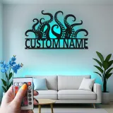 Cartel LED personalizado de tentáculos de pulpo | Arte de metal con nombre personalizado | Decoración náutica para negocios y hogar costero | Regalo para amantes del mar