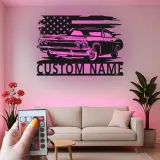 Décoration murale en métal personnalisée de voiture classique avec rétroéclairage LED - Cadeau pour passionnés de voitures - Décor de garage ou de man cave 1