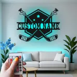 Insegna con nome per hockey personalizzata | Arte in metallo LED per parete | Regalo personalizzato per giocatore per sala giochi | Decorazione per bar sportivi e camere da letto