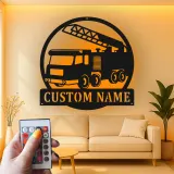 Custom Fire Truck Metal Sign | Personalized LED Name Plaque | Firefighter Gift for Kids Room & Fire Station Decor | Hand-Crafted Wall Art