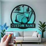 Cartel de golf personalizado con luces LED | Decoración mural de metal a medida | Decoración con nombre de golfista para sala de juegos y bar en casa