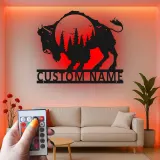Insegna in metallo personalizzata con silhouette di bisonte retroilluminata LED regalo per amanti della fauna selvatica decorazione rustica per la casa