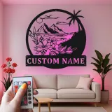 Décoration murale en métal personnalisée avec rétroéclairage LED Paysage Tropical - Cadeau pour Maison de Plage - Décor de Salon Côtier