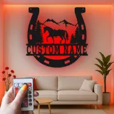 Insegna per Cavalli Personalizzata con LED | Insegna in Metallo a Forma di Ferradura | Decorazione Rustica per Ranch e Regalo Equestre