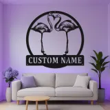 Panneau en métal Flamant Rose personnalisé | Art mural de nom sur mesure | Décor de patio et de piscine tropical | Art d'oiseau extérieur
