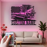Skid Steer Loader Metalltafel | Personalisierte LED-Wandkunst | Individuelle Dekoration für Baumaschinen | Garage & Werkstatt-Schild mit USA-Flagge