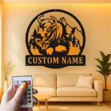 Cartel de metal LED personalizado de Bisonte y Montaña, regalo para amantes de la naturaleza, decoración rústica de cabaña