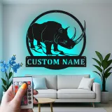 Rhinoceros Metal Wall Art | Custom Name LED Sign | Wildlife Safari Decor for Living Room or Office | Unique Animal Lover Gift
