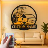 Enseigne de construction Rouleau de route | Décoration murale en métal LED personnalisée | Décor de machines lourdes pour garage ou bureau