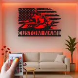 Custom Snowmobile Metal Sign | Personalized American Flag LED Art | Winter Sports Decor for Garage | Snowmobiler Gift for Him