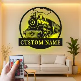 Décoration murale en métal personnalisée de train à vapeur avec rétroéclairage LED - Cadeau pour passionnés de trains, décoration pour man cave ou bureau