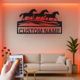 Running Horses Metal Wall Art | Custom LED Name Sign | Personalized Farmhouse & Ranch Decor for Horse Lovers
