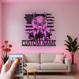 Insegna in metallo LED personalizzata con cervo e bandiera americana - Regalo personalizzato per cacciatori, decorazione rustica per cabin