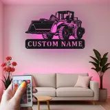 Décoration murale en métal personnalisée avec bulldozer rétroéclairé - Cadeau personnalisé pour passionné de construction - Décor de garage ou de bureau