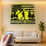 Arte mural de metal personalizado para senderismo | Letrero LED con senderista y bandera de EE. UU. | Regalo para amantes del aire libre