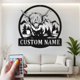Decoración mural de metal LED de vaca de las Highlands | Letrero personalizado para rancho con luces | Decoración farmhouse personalizada para hogar y negocio