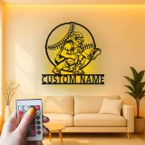 Custom Baseball Catcher Led Light Metal Wall Art Personalized Sports Gift for Baseball Fans Game Room Decor