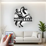 Insegna in metallo LED personalizzata con cowboy e cavallo - Regalo western per ranch o decorazione per man cave