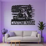 Panneau en métal personnalisé pour motoneige avec rétroéclairage LED | Décoration murale avec drapeau américain | Décor de man cave et garage | Cadeau pour amateur de sports d'hiver