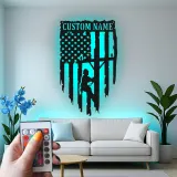 Bandera americana personalizada para liniero | Decoración mural de metal LED para electricistas | Regalo patriótico para trabajador de servicios públicos | Cartel con nombre personalizado