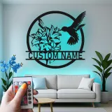 Hummingbird & Lily LED Metal Wall Art | Personalized Name Sign for Home | Custom Floral Bird Decor for Garden Lovers
