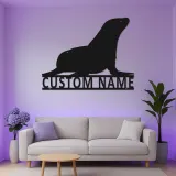 Arte in Metallo con Leoni Marini Personalizzati | Insegna con Nome LED per Casa al Mare | Decorazione di Animali Marini Costiera