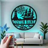 Personalisierte Nautische LED-Wandkunst | Individuelles Schiffs- und Kompass-Metallschild | Vintage Küstendekor für Zuhause oder Büro