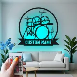 Custom Drum Set Led Light Metal Wall Art Personalized Musician Gift Studio or Music Room Decor 3