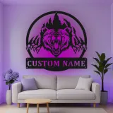 Personalisierte LED-beleuchtete Metall-Wandkunst mit Bären - Rustikales Geschenk für Tierliebhaber