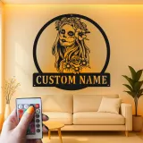 Cartel LED de calavera de azúcar personalizado | Arte mural de metal del Día de los Muertos | Decoración gótica personalizada | Regalo del Día de los Muertos