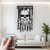 Panneau LED Crâne de Plombier | Décoration Murale Patriotique Personnalisée avec Drapeau USA | Décor de Garage avec Nom Personnalisé pour Hommes