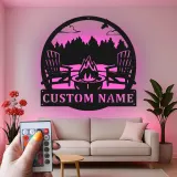 Cartel de metal personalizado con luz LED de escena de fogata para regalo al aire libre