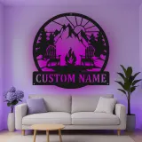 Cartel de metal LED personalizado de fogata de montaña regalo para amantes del aire libre decoración de cabaña o patio
