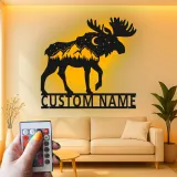 Personalized Moose Metal Wall Art | LED Wildlife Sign | Custom Name Cabin Decor | Rustic Mountain Hunter Gift