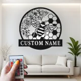 Custom Bee and Flowers Led Light Metal Wall Art Personalized Gift for Nature Lovers Garden or Living Room Decor