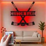 Panneau de hockey personnalisé pour mur | Décoration murale en métal sur mesure | Déco de salle de jeux et cadeau LED pour fan de sport