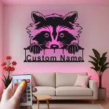 Panneau Métallique Raton Laveur Personnalisé | Plaque de Nom Rétroéclairée pour Nursery | Décor de Chambre d'Enfant Animaux de la Forêt