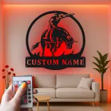 Insegna in metallo personalizzata Rodeo Bull Rider | Arte murale in metallo LED per decorazioni western e ranch | Regalo per cowboy