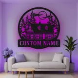 Custom Cabin in the Woods Led Light Metal Wall Art Personalized Housewarming Gift Rustic Home Decor