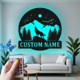 Custom Wolf Mountain Scene Led Light Metal Wall Art Personalized Gift for Nature Lovers Rustic Cabin Decor