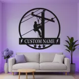 Décoration murale LED en métal Lineman | Cadeau personnalisé pour électricien | Plaque prénom sur mesure pour agent de réseau | Déco de man cave