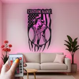 Décoration murale en métal personnalisée avec rétroéclairage LED pour lanceur de baseball - Cadeau sportif pour les fans de baseball