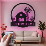 Panneau LED personnalisé de ferme | Décoration murale en métal personnalisée avec grange et éolienne | Décor rustique pour la maison familiale