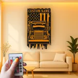 Décoration murale en métal LED personnalisée avec drapeau américain - Cadeau pour camionneurs, décoration de garage ou de coin masculin