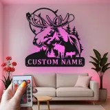 Custom Moose Family LED Metal Sign | Personalized Wildlife Wall Art | Rustic Cabin Decor for Nature Lovers & Hunters