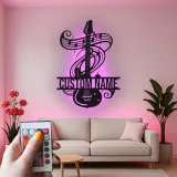 Personalized Guitar LED Sign | Custom Metal Wall Art for Music Studio | Musician Name Plaque with Music Notes