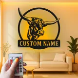 Décoration murale en métal personnalisée avec longhorn et rétroéclairage LED - Cadeau pour rancher, décoration de style western pour la maison